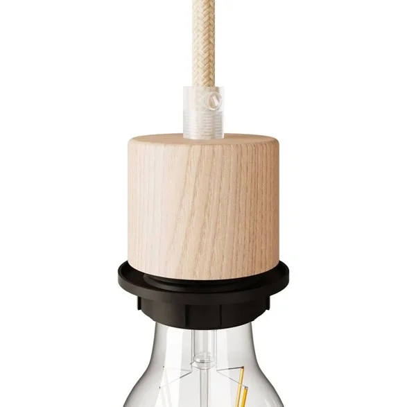 Begränsat antal Creative cablesCylindrisk gängad lamphållare E27 i trä för lampskärm med dragavlastare